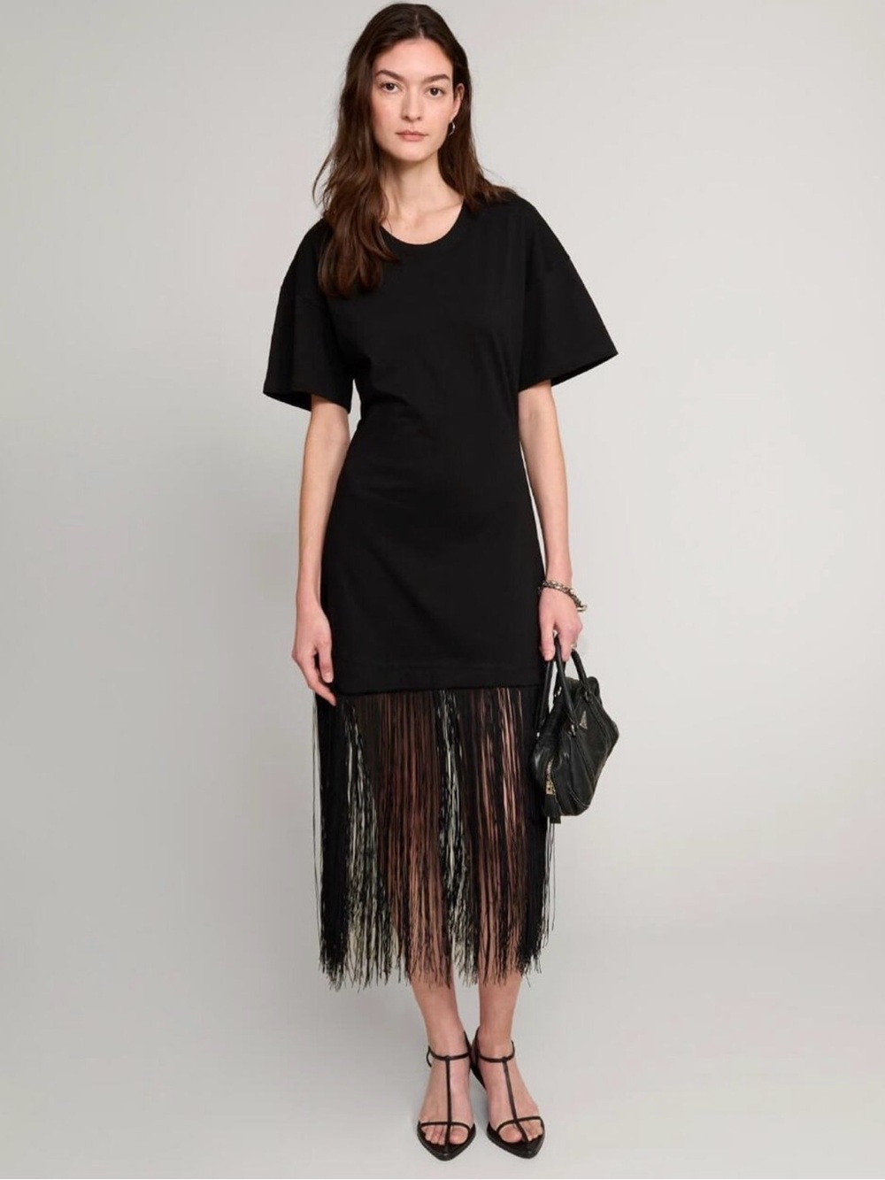Pixie Market Black Fringe-Hem Short Sleeve Dress